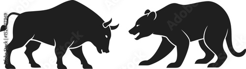 Black bull and bear silhouette market financial symbol aggressive