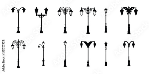 street lamp icon set vector silhouette on white background.