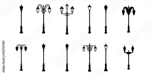 street lamp icon set vector silhouette on white background.