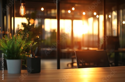 Beautiful Sunset Illuminates Modern Office Space With Plants and a Serene Atm...