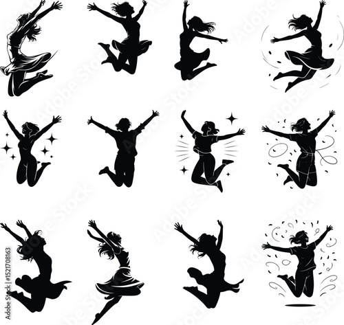 Woman Jumping with Joy Silhouette Set – Happy Energy Pose Collection Joyful Woman Silhouette Vector – Excited Jumping Pose Clipart