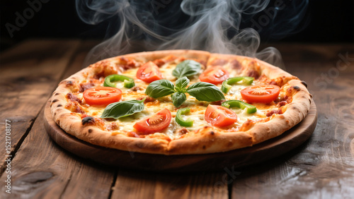 Freshly Baked Pizza with Golden Crust, Melted Cheese, Tomatoes, Peppers, and Basil with Steam