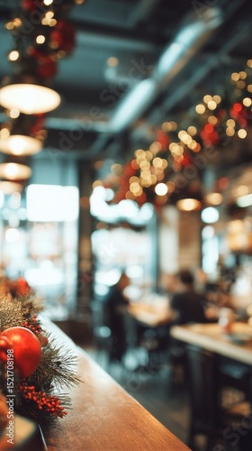 Holiday Decorations Create a Festive Atmosphere in a Busy Urban Cafe During t...