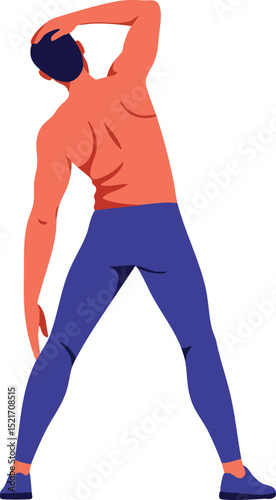 Man stretching arms and body wearing orange shirt and blue pants in fitness exercise pose vector illustration 