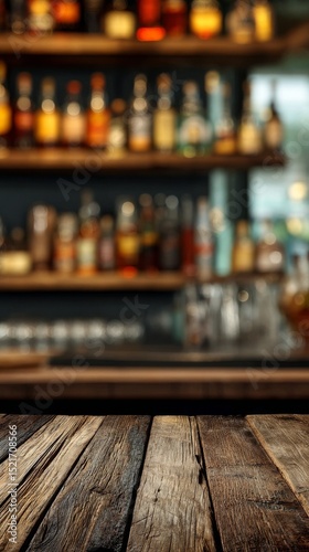 Wooden Bar Counter With Liquor Bottles on Shelves in a Cozy Setting During th...