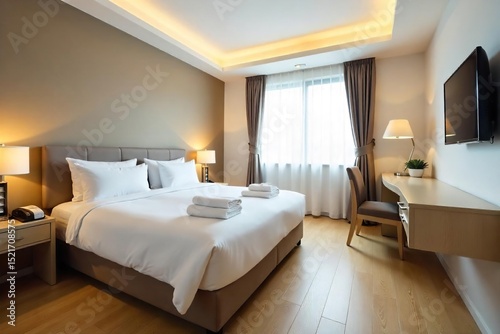 A pristine, empty hotel room, freshly cleaned and made, awaiting guests Crisp white linens on the bed, towels neatly folded, and gleaming surfaces showcase the impeccable housekeeping , bright, ready