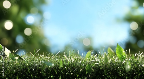 Green Grass With Vibrant Leaves Under a Clear Blue Sky in a Serene Outdoor Se...
