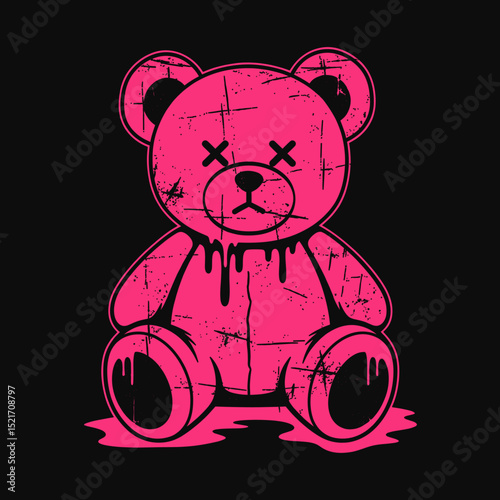 pink bear plush toy in grunge graffiti melting style illustration