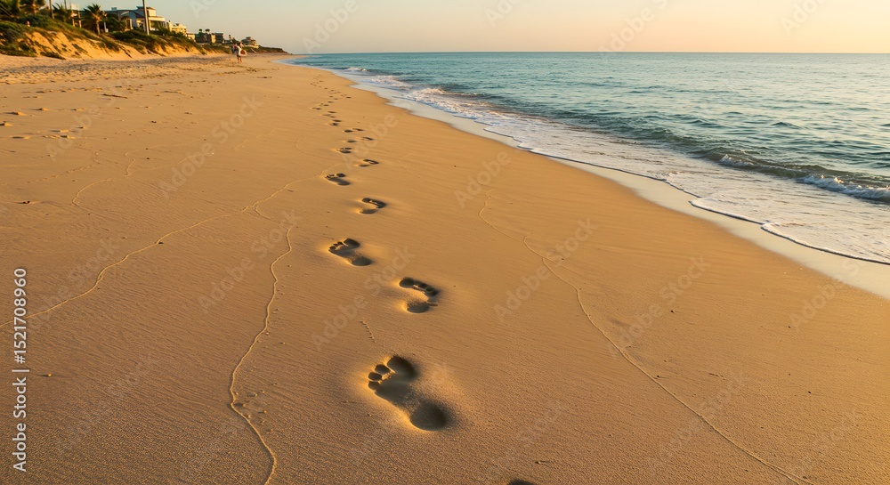 Footprints in the Sand A Serene Beach Sunset Scene Footprints in the Sand A Serene Beach Sunset Scene