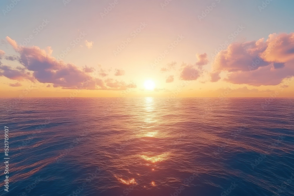Obraz premium Calm sea with striped sunset sky, Serene sea under a striped sunset sky, blending warm hues of orange, pink, and purple across the horizon