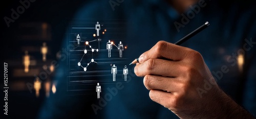 Hand Drawing Digital Connections With Glowing Icons in a Modern Business Envi...