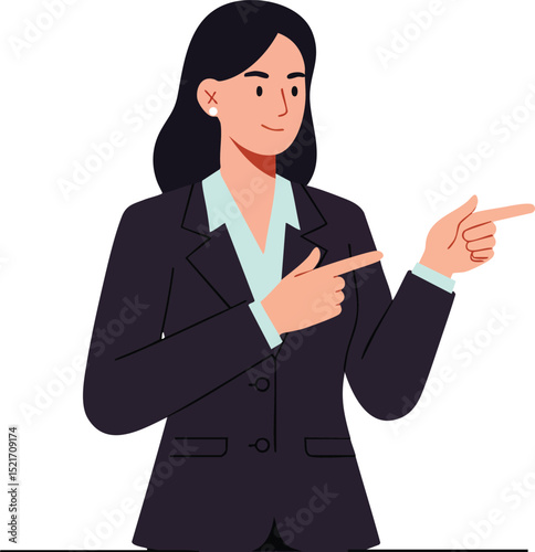 Businesswoman in black suit pointing with both hands in confident gesture vector illustration