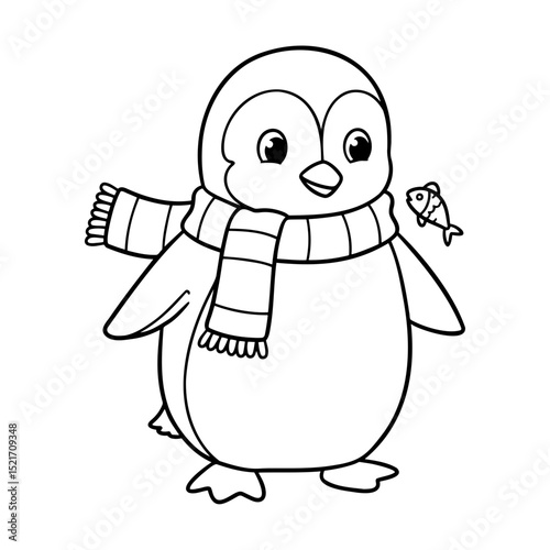 Penguin wearing a scarf holding a fish coloring page, winter theme,