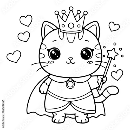Princess cat with a crown and wand coloring page, whimsical theme