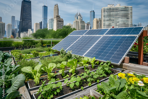 Rooftop garden with vegetables and solar panels u