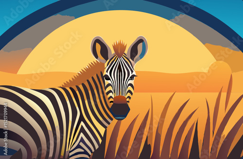 Striking zebra illustration in vibrant sunset landscape, showcasing bold stripes and natural surroundings, embodying safari chic aesthetic and trendy travel vibes