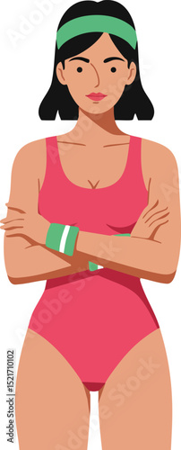 Woman in pink swimsuit with green headband and wristbands standing with arms crossed vector illustration 