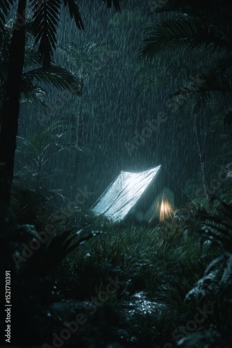 Bright Tent Shining in the Dark Rainforest During Heavy Rain at Night.