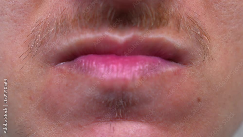 A man with a red mustache bites his lips out of nerves.
The facial expressions of a person who is very worried.
Body language.
Male lips close up