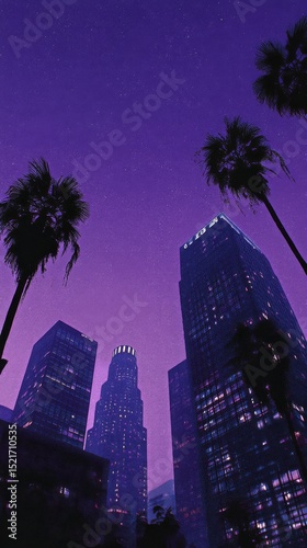 Urban Skyline Adorned With Palm Trees Under a Purple Sunset in a Bustling City