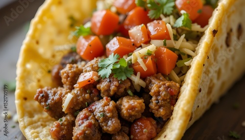 Close-up of a Soft Taco with Cilantro, Salsa Cheese, and Seasoned Meat