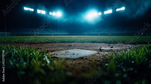 Nighttime Baseball Field With Bright Lights Illuminating the Ground and Outfield