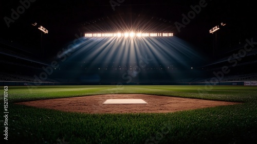 Nighttime Baseball Field With Bright Lights Illuminating the Ground and Outfi...
