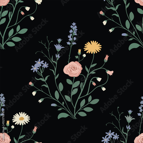  Floral pattern with wildflowers on black background.