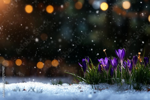Beautiful Purple Crocuses Emerging From Snow During Winter Snowfall With Blur...