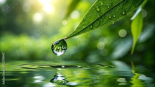 Serene Dew Drop on Green Leaf with Water Reflection and Natural Background