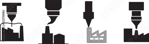 3D Printer Building Factory Structure - Additive Manufacturing Smart Plant Silhouette Icon Set