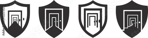 Layered Security Doors within Shield - Zero Trust Architecture Cyber security Silhouette Icon Set