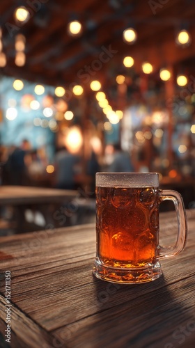 Beer Mug on Wooden Table in Lively Bar With Warm Lights and Blurred Customers...