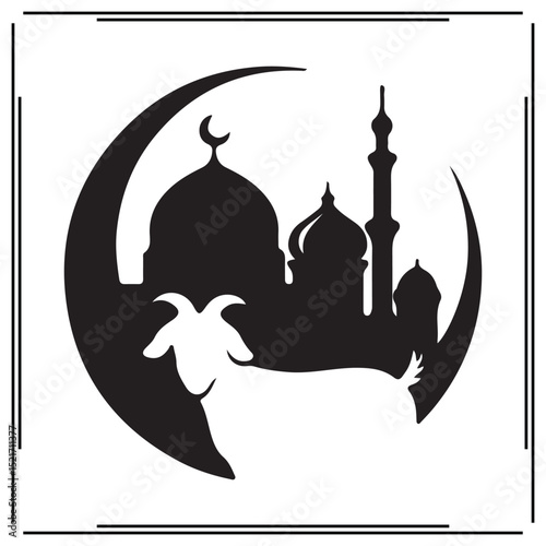 Goat with mosque and crescent moon silhouette – Islamic religious symbol, Eid al-Adha celebration vector, Muslim holiday icon, sacrificial animal design, and festival graphic

