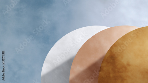 Modern abstract design featuring circles in shades of white, copper, and gold against a subtle blue background