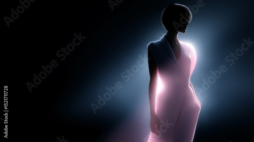 Model in a glowing outfit poses in dramatic lighting during a fashion show at night