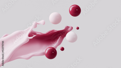 Unique blend of pink and red splashes with floating spheres creates an artistic expression of color dynamics