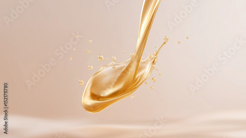 Golden liquid flows gracefully, capturing light and creating delicate splashes on a soft background