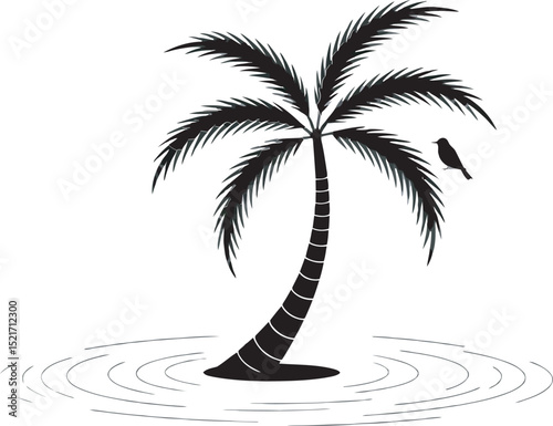 Silhouette of a palm tree with a bird perched overhead and water ripples in black and white