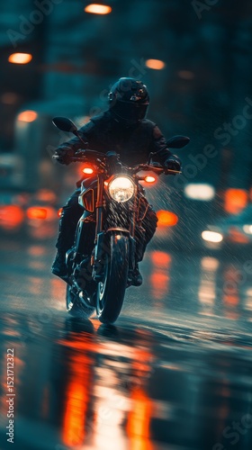 Nighttime Motorcycle Parked on a Wet Street With City Lights Reflecting.