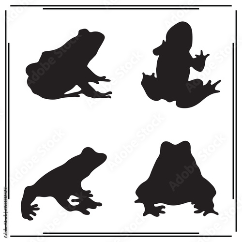 Frog and toad silhouettes set – black amphibian vector icons in sitting and leaping poses, wildlife animal graphics for nature themes, biology illustrations, and wetland designs

 photo