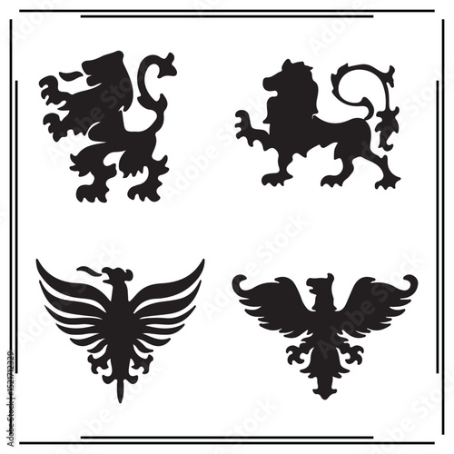 Heraldic animal silhouettes set – black vector lion and eagle icons for medieval coat of arms, vintage crest symbols, royal emblems, fantasy design, tattoo art, and heraldry graphics

