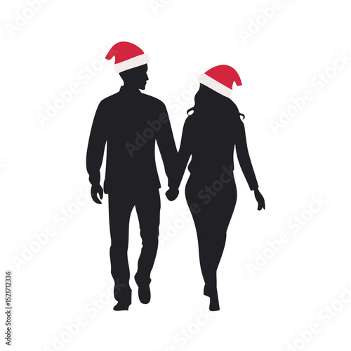 Couple walking holding hands wearing santa hats christmas