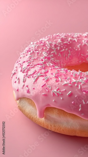 Pink Frosted Donut With Colorful Sprinkles on a Light Pink Background.