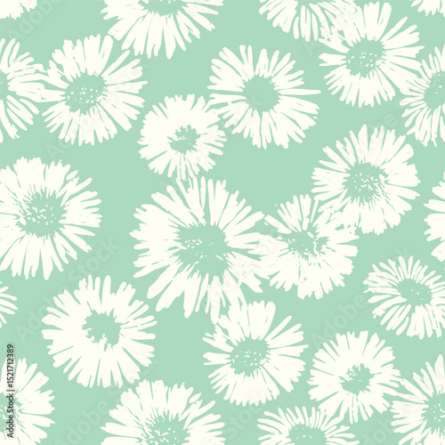 Seamless green and yellow floral background. Minimal abstract organic shapes pattern. Vector green abstact pattern with yellow flowers.