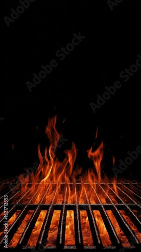 Flames Dancing on a Grill During a Summer Cookout in the Backyard at Sunset.
