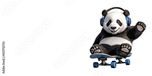 Cheerful panda bear wearing headphones riding skateboard waving hello Playful cartoon animal character enjoying music and skateboarding Concept of fun, entertainment, and active lifestyle