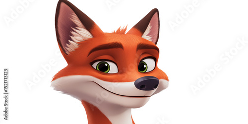 Cartoon fox character with sly expression and green eyes Closeup portrait of a cunning, smiling fox with detailed fur texture Concept of animation, animal, and cunning