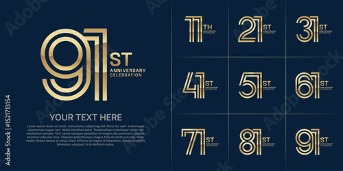 Anniversary logo set with double line number style. golden color can be use for special moment