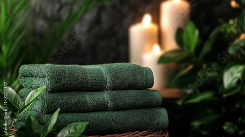Relaxing Spa Atmosphere With Stacked Green Towels and Lit Candles in Tranquil...